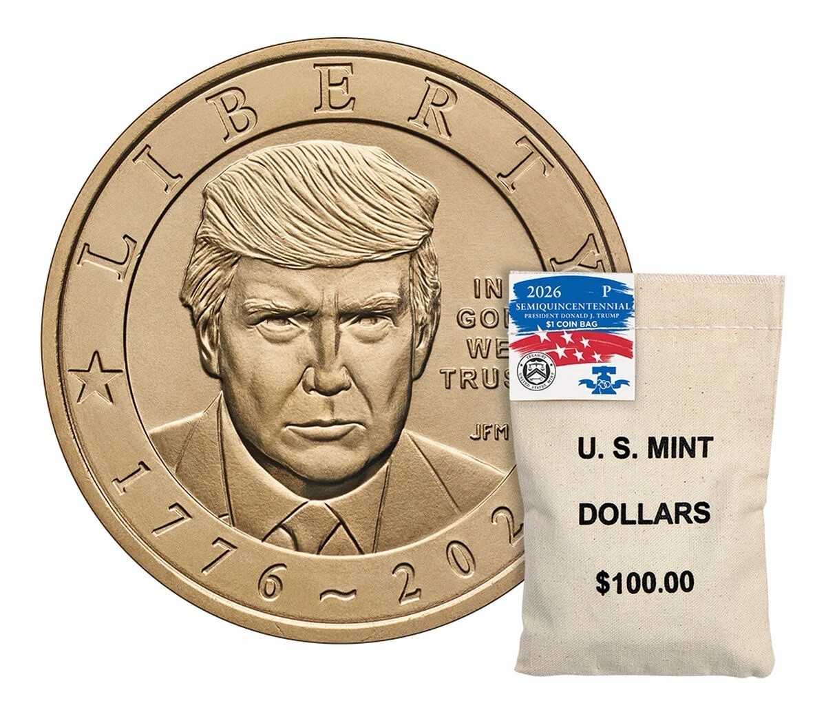 2026 SEMIQUINCENTENNIAL President Donald J.Trump $1 coin bag $100 SEALED IN HAND 2026 SEMIQUINCENTENNIAL President Donald J.Trump $1 coin bag $100 SEALED IN HAND