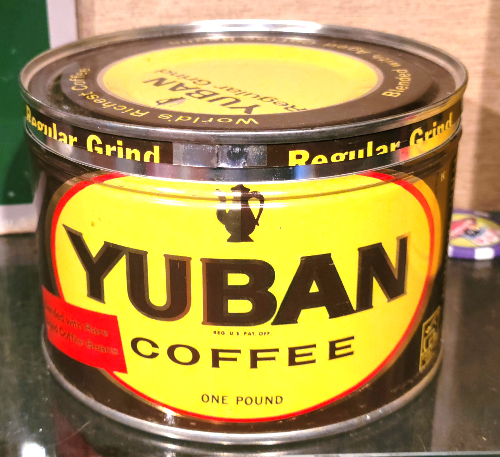 MINTY 1950S YUBAN COFFEE TIN CAN 1 POUND HOUSTON TEXAS WITH ORIGINAL LID #1
