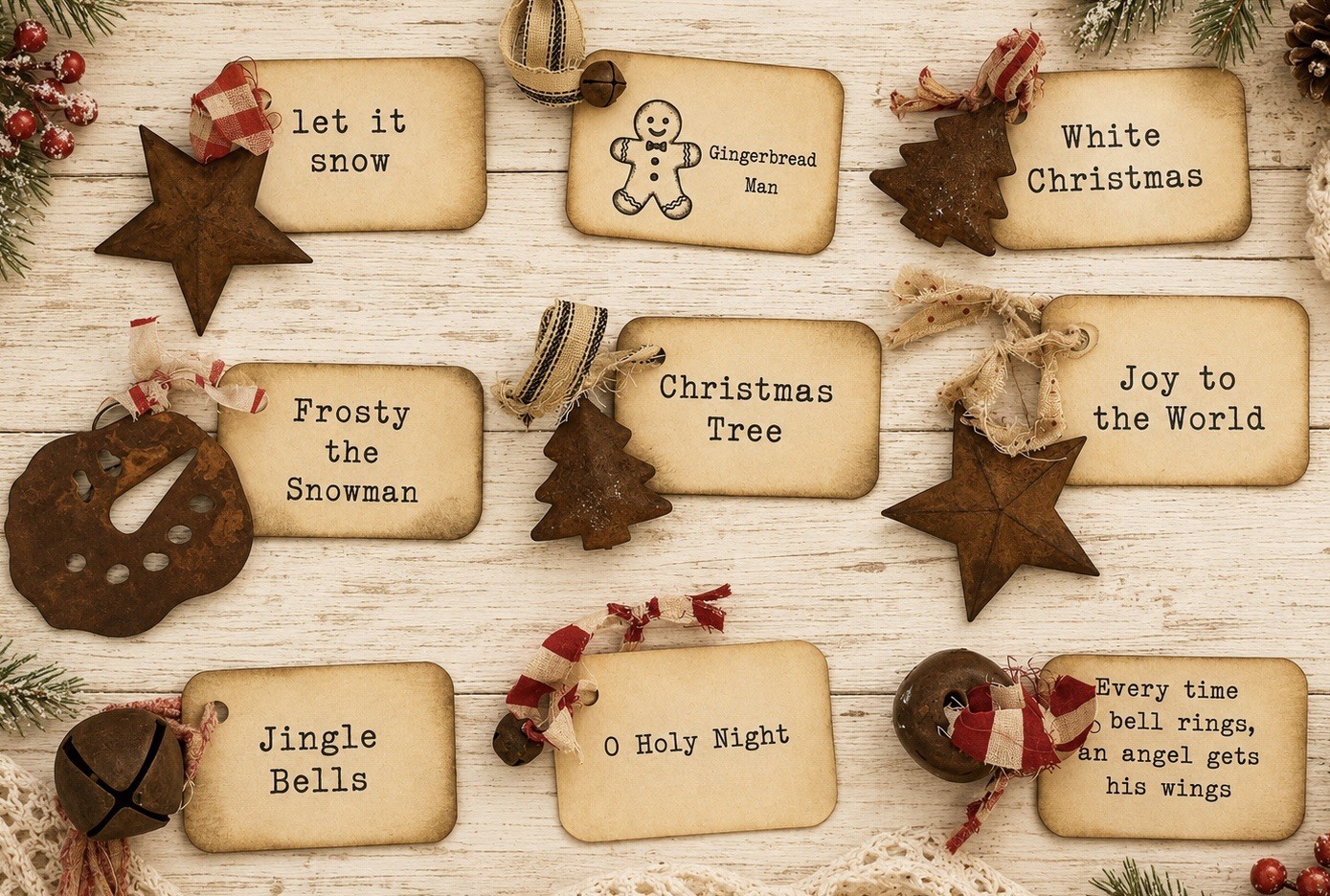 9 Primitive Rusty Metal Christmas Ornaments with Tags Stars Trees Snowman Bells