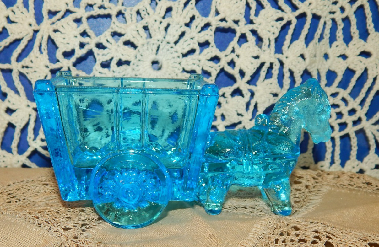 Vintage Kemple Glass Aqua Blue Pressed Glass Donkey & Cart Ashtray, Trinket Dish