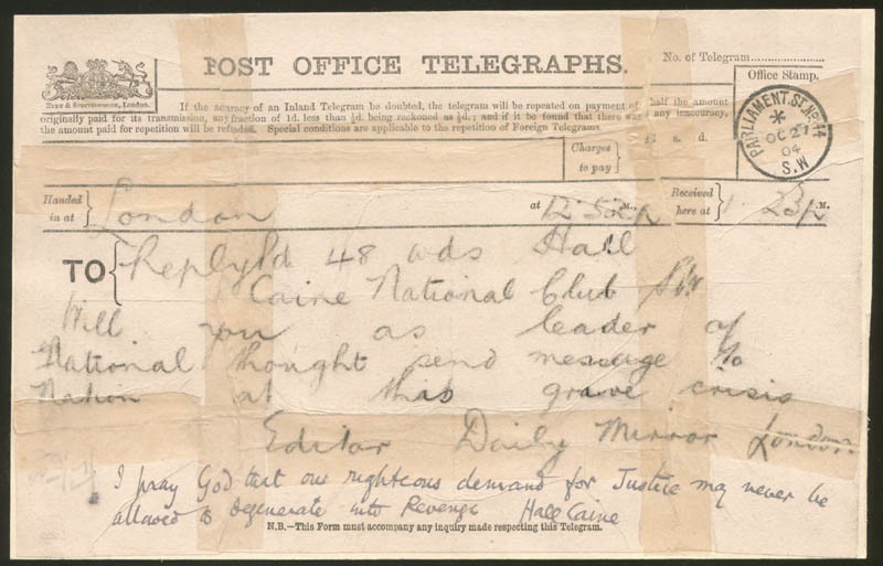 HALL (THOMAS HENRY HALL) CAINE - AUTOGRAPH NOTE SIGNED 10/27/1904