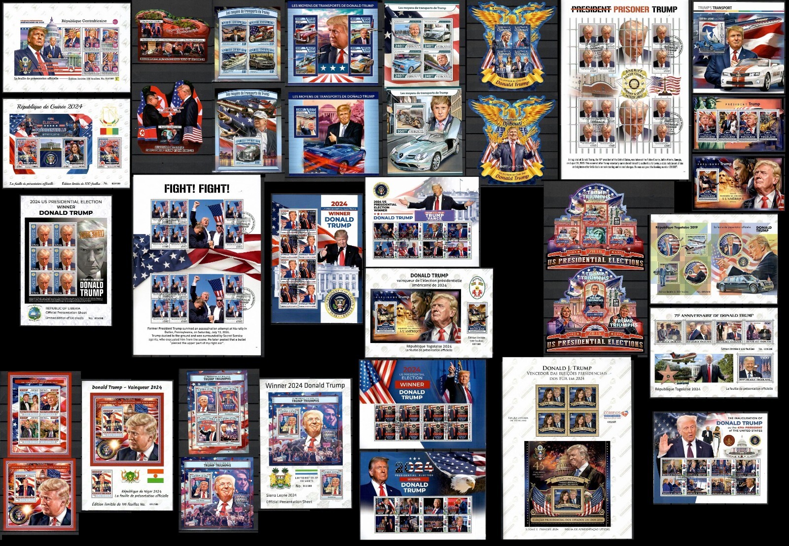 President Donald TRUMP stamp collection 35 sheets from 11 countries #CNA316 President Donald TRUMP stamp collection 35 sheets from 11 countries #CNA316
