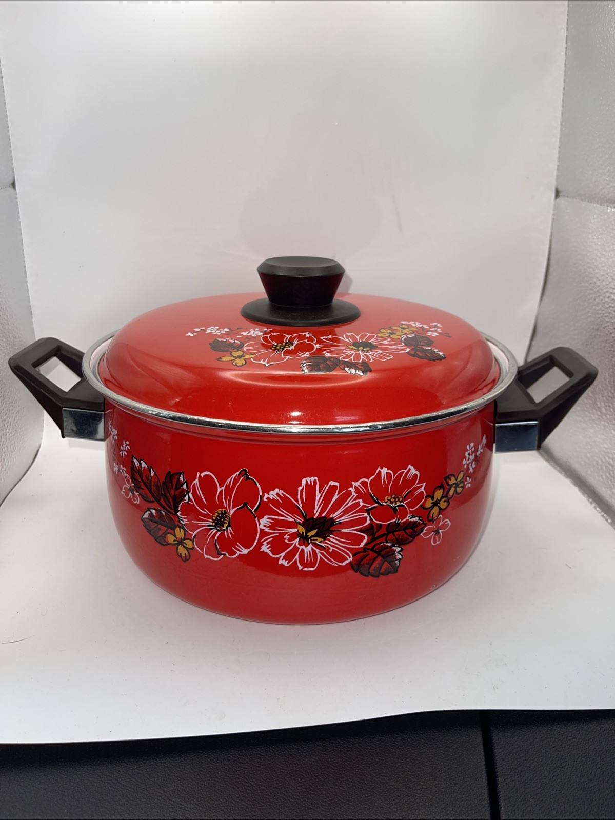 Vintage Kotobuki Enamel Pot Red Floral Showa Retro Japan Super Rare