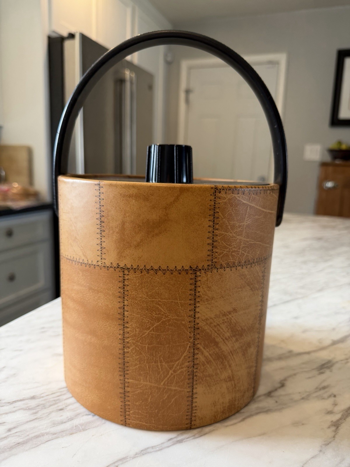 Vintage Irvinware Mid Century Modern Ice Bucket With Faux Patched Leather Look