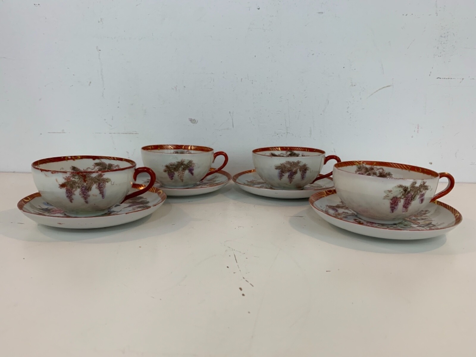 Vtg Possibly Ant Japanese Porcelain 4 Cups & Saucers w/ Women in Garden Dec.