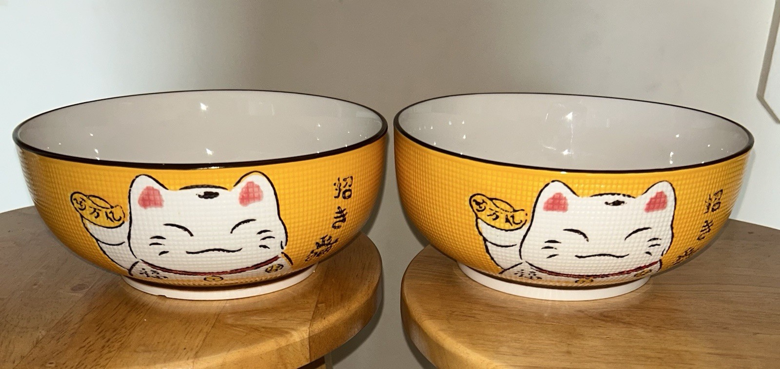 (2) QiZhen Lucky Maneki Neko Cat Japan Ramen Rice Soup 8” Bowls Hand Painted (2) QiZhen Lucky Maneki Neko Cat Japan Ramen Rice Soup 8” Bowls Hand Painted