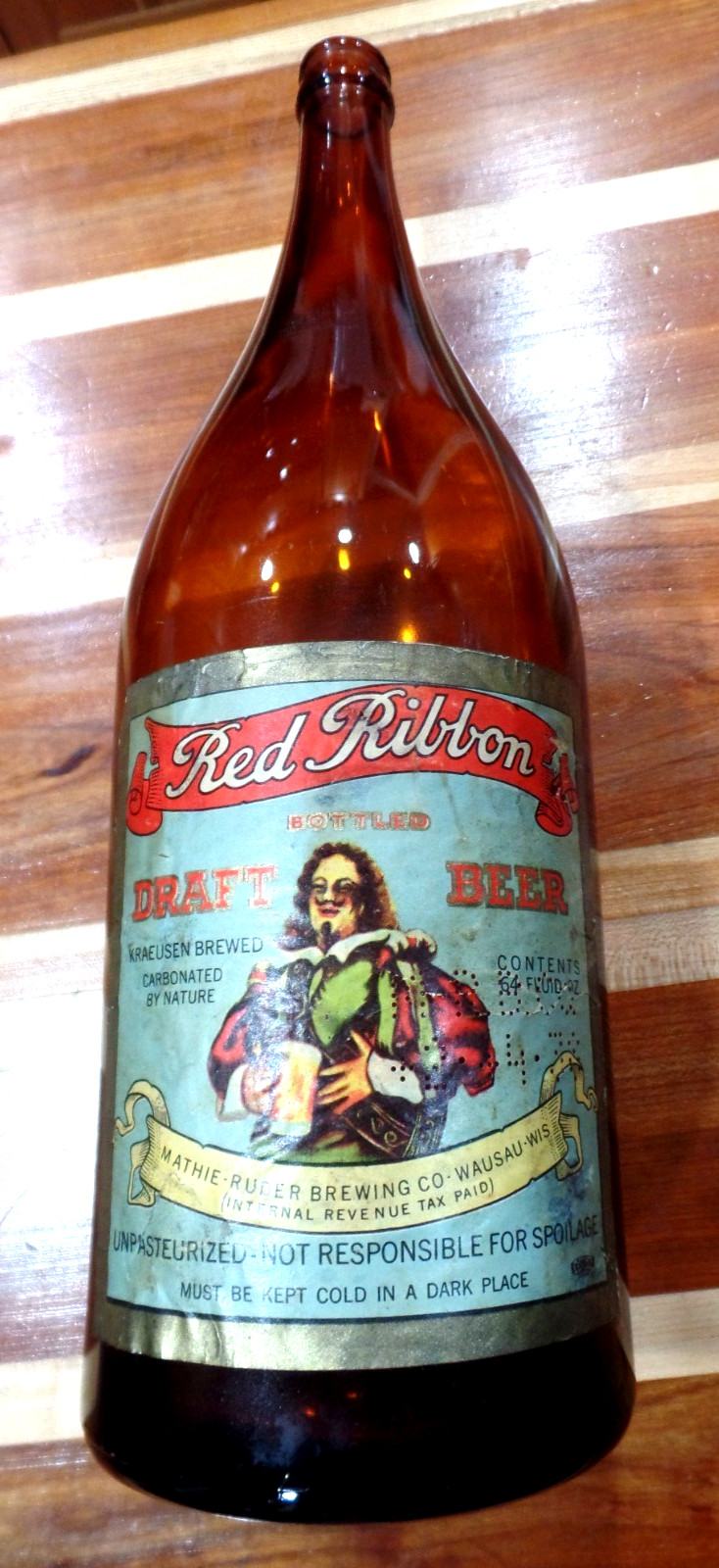 1938 RED RIBBON BEER 1/2 GALLON LABELED BOTTLE MATHIE RUDER BRG WAUSAU WISCONSIN