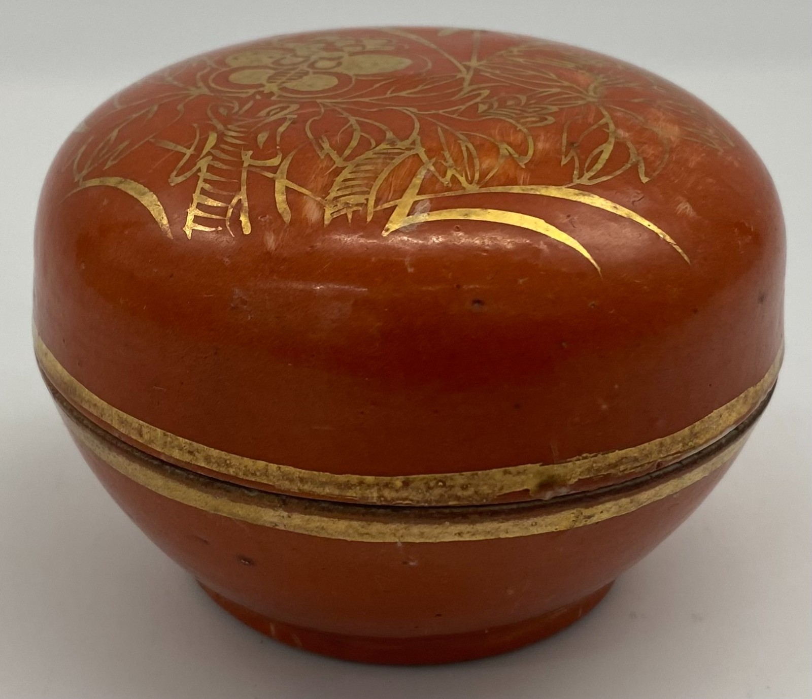 Vintage Chinese Porcelain Round Box - Iron Red with Gilt Floral & Bamboo Decor