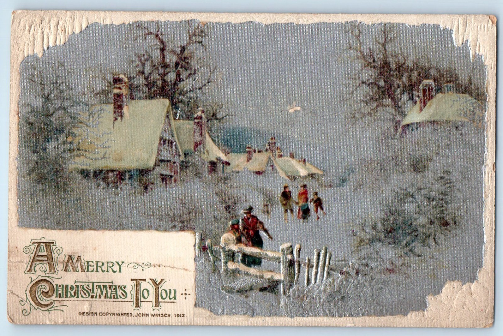c1910\'s Christmas Family Winter Scene Houses John Winsch Signed Antique Postcard c1910\'s Christmas Family Winter Scene Houses John Winsch Signed Antique Postcard