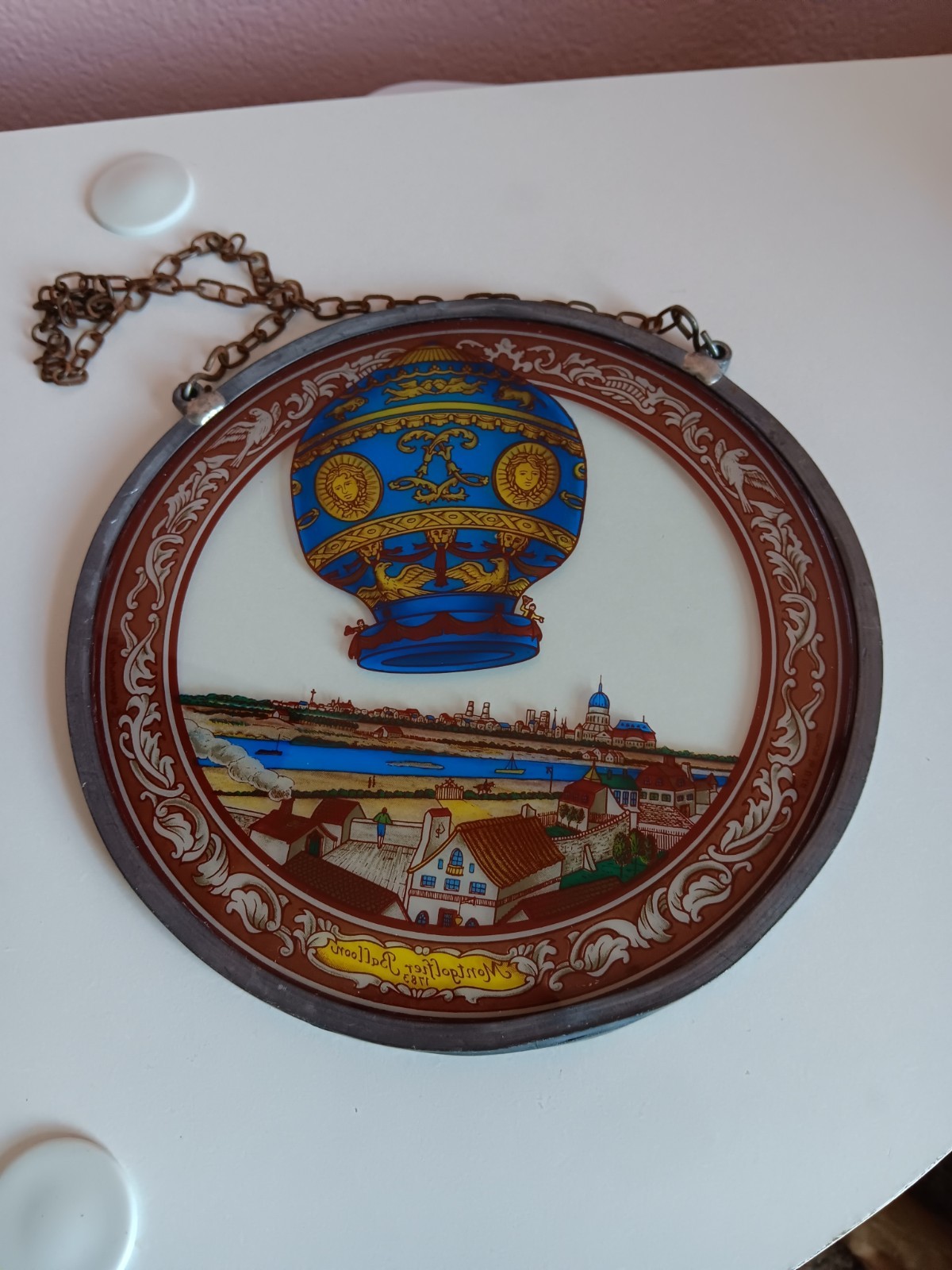 Vintage Stained Glass Historic 1783 Montgolfier Balloon Flight Art Suncatcher