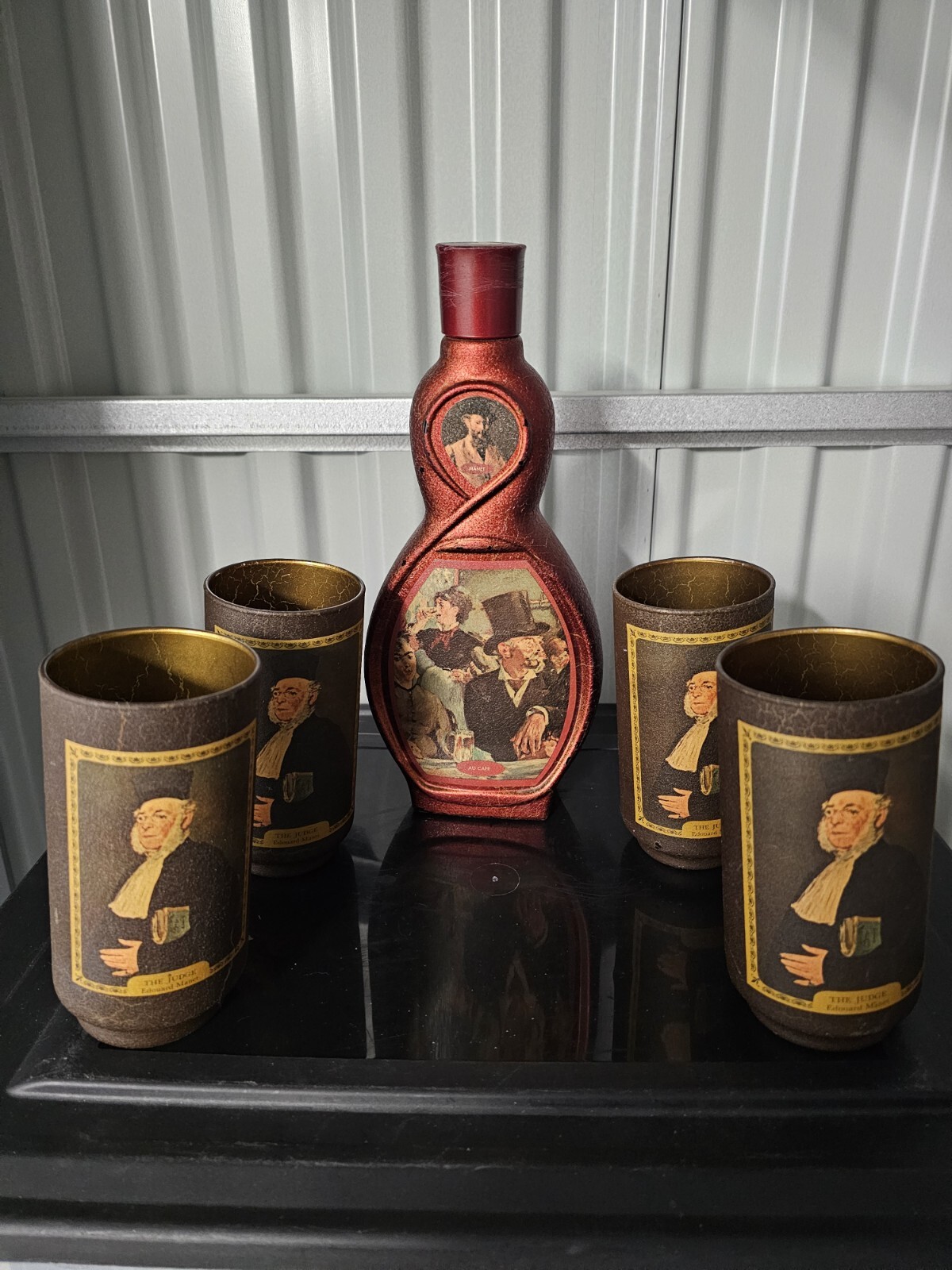 Vtg 70s Jim Beam Beams Choice Manet Au Cafe Collectible Bottle & (4) Glasses