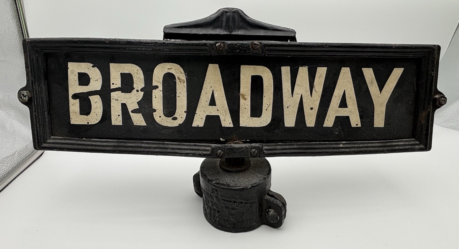 ATQ Cast Iron &Metal Broadway Street Sign Newark NJ Pat 1915 Post Finial Topper