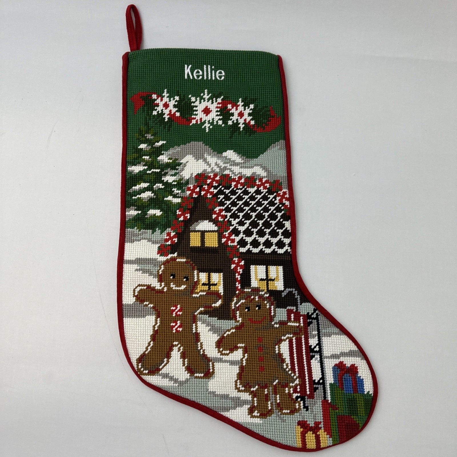 VTG L.L. Bean Needlepoint Christmas Stocking Gingerbread House 19\