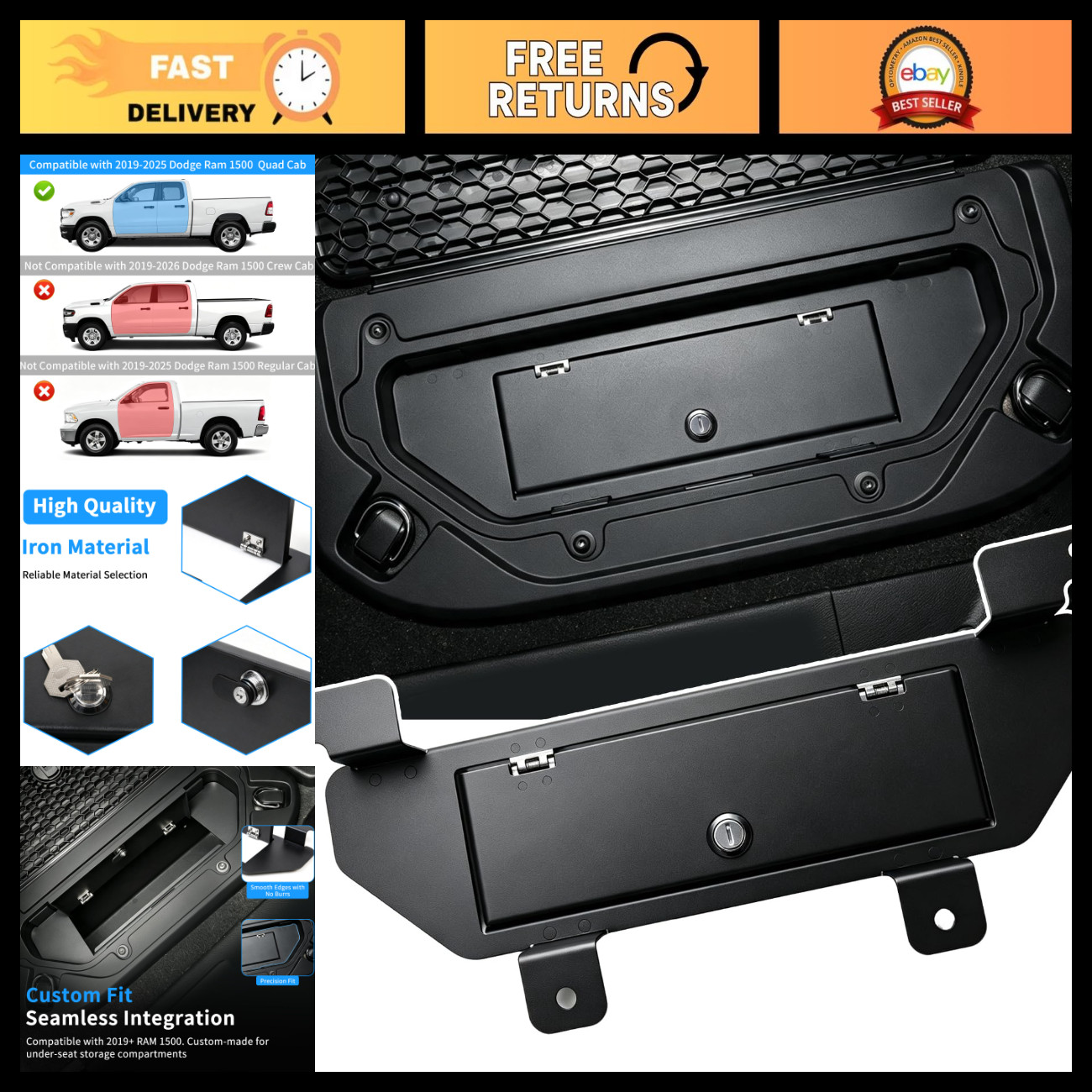 Rear Under Seat Storage Box for Dodge RAM 1500 (2019-2025) - Durable, Space-Savi