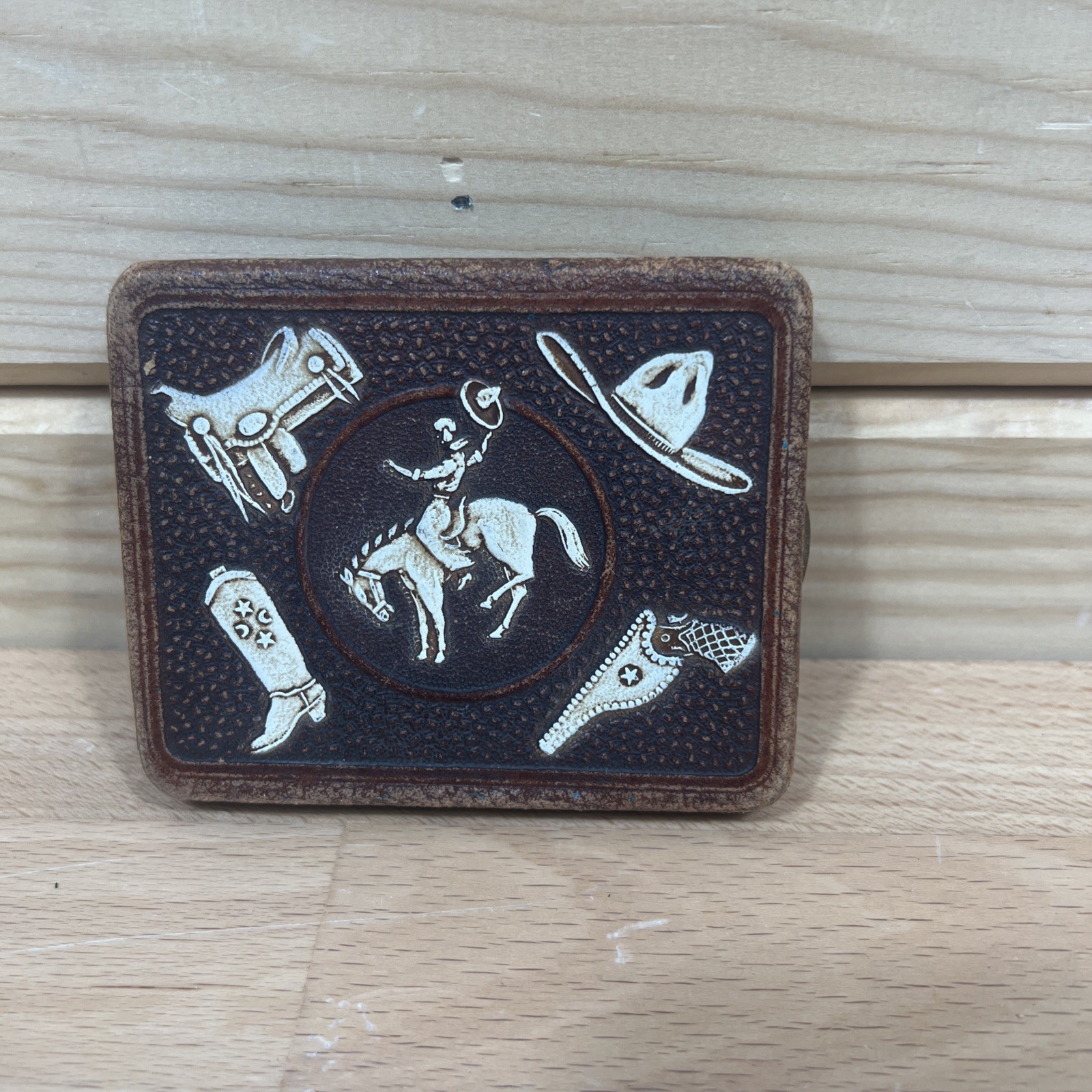 Vintage Western Cowboy Buckin Horse Cigarette Case Leather Metal Wallet