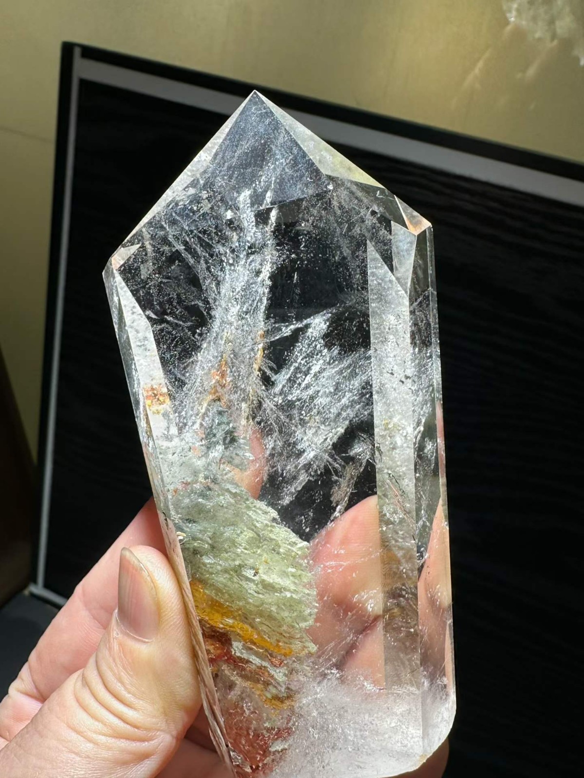 273g Natural Green Ghost Quartz Obelisk Crystal Tower Point Reiki Healing Decor