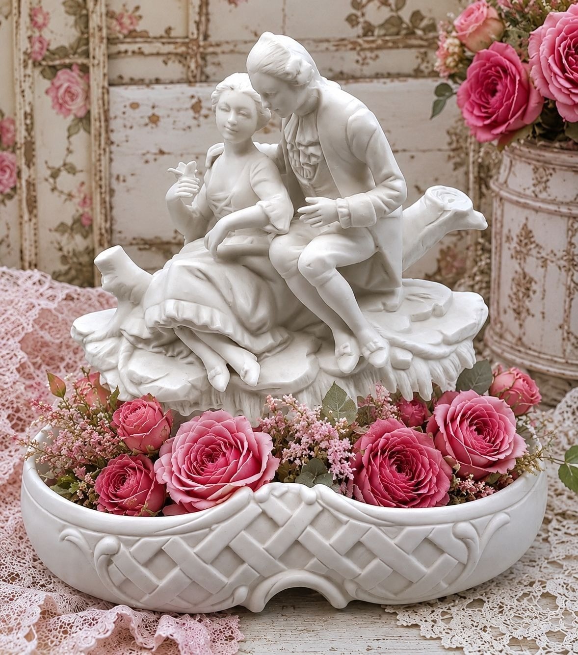 Antique French Parian Ware Vase Bowl Romantic Couple Sculpture Figurine
