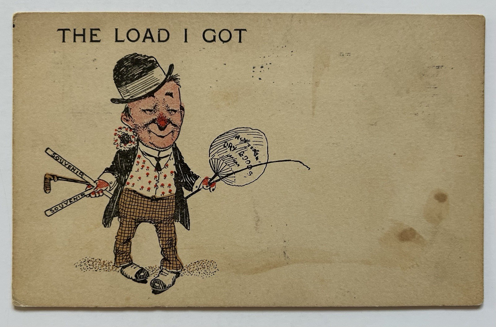 1907 Comic Postcard The Load I Got Drunk Man Souvenir Clubs Early Humor