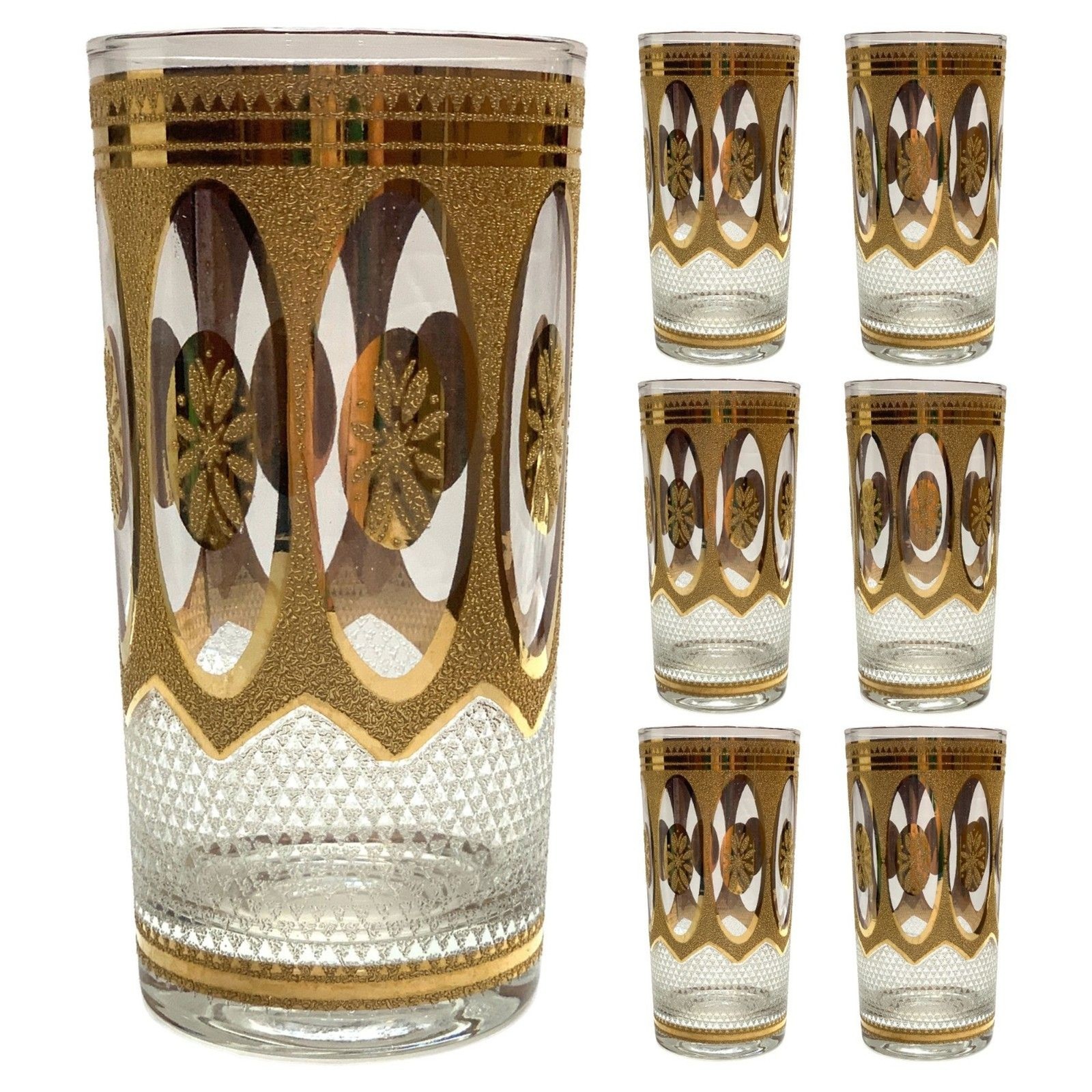 Vintage MCM Culver Regency White 22K Gold Diamond Highball Glasses - Set of 7