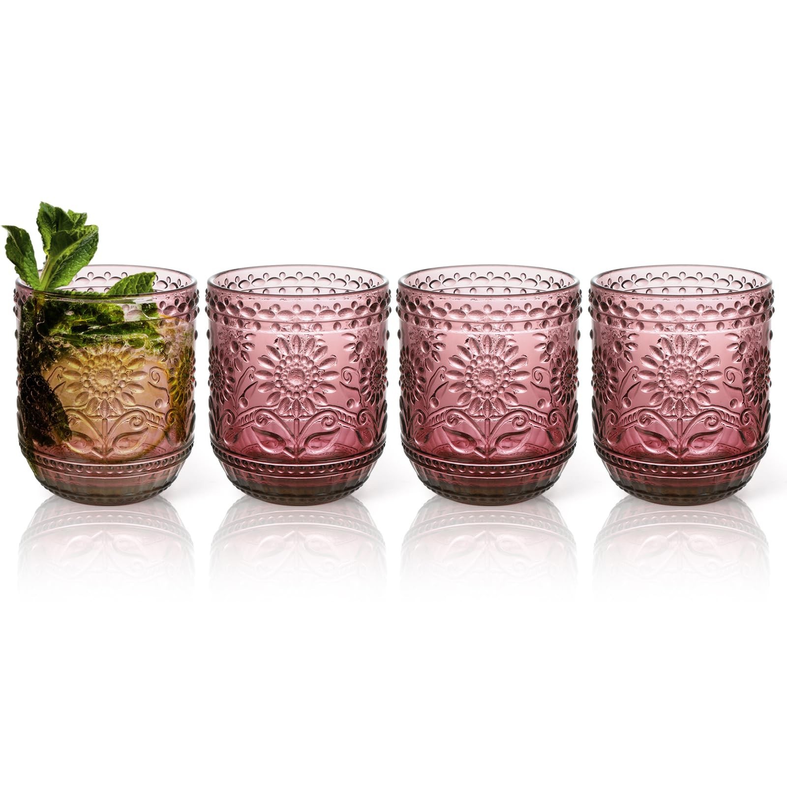 Topsky Vintage Drinking Glass Set of 4,12 oz Embossed Floral Drinkware Set,Pi... Topsky Vintage Drinking Glass Set of 4,12 oz Embossed Floral Drinkware Set,Pi...