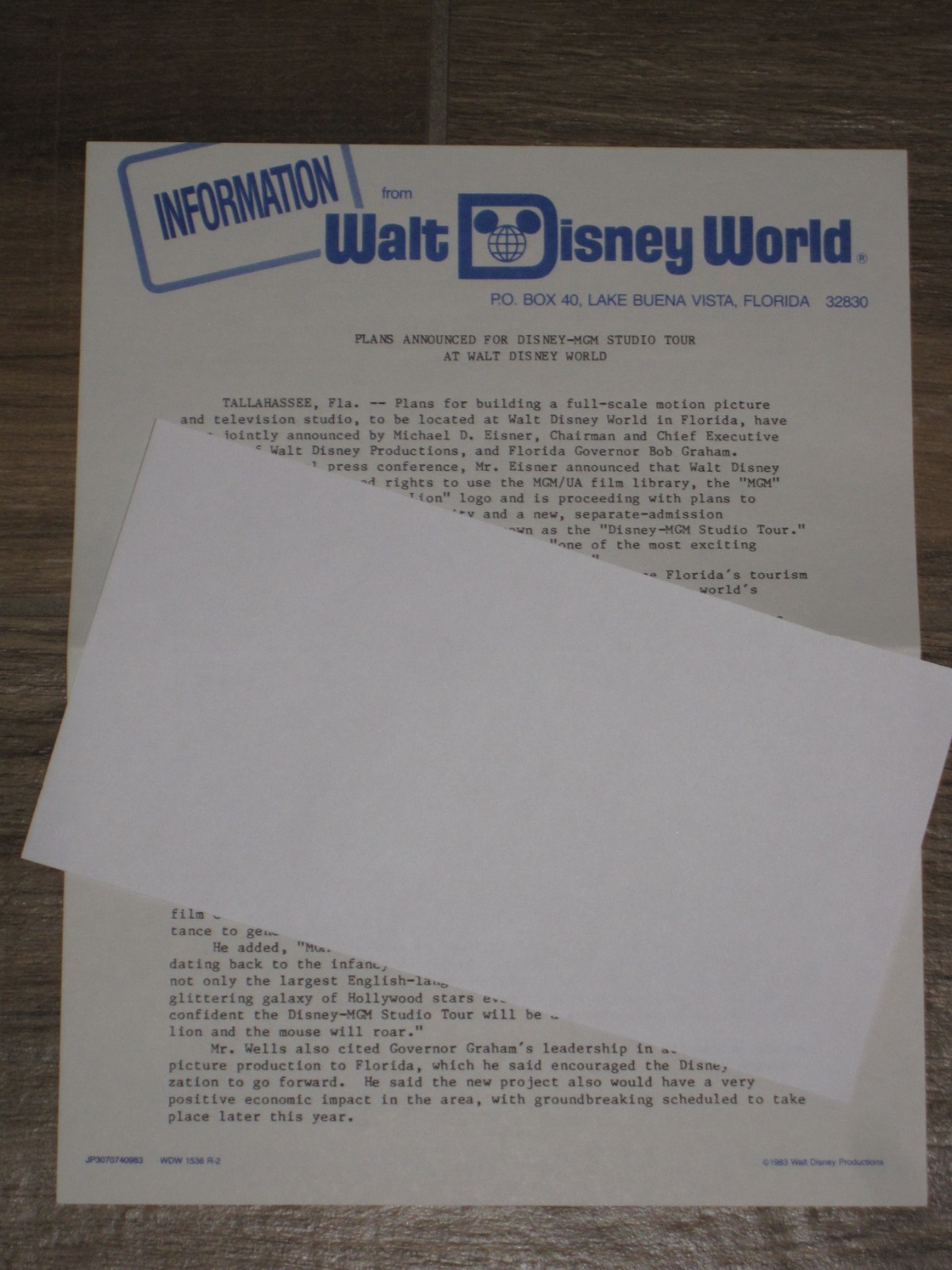 Rare  Walt Disney World  DISNEY-MGM STUDIOS  Pre-Opening Press Release  1985; NM