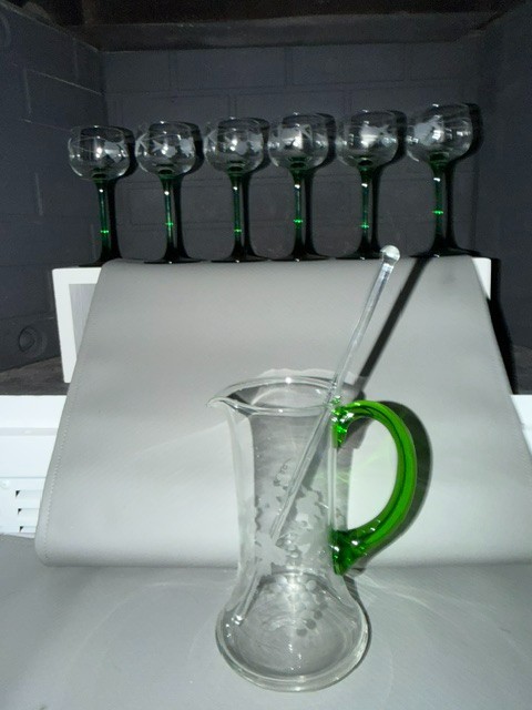 Vintage MCM Frosted Grape Etched Cocktail Set Pitcher with Emerald Green Handle Vintage MCM Frosted Grape Etched Cocktail Set Pitcher with Emerald Green Handle