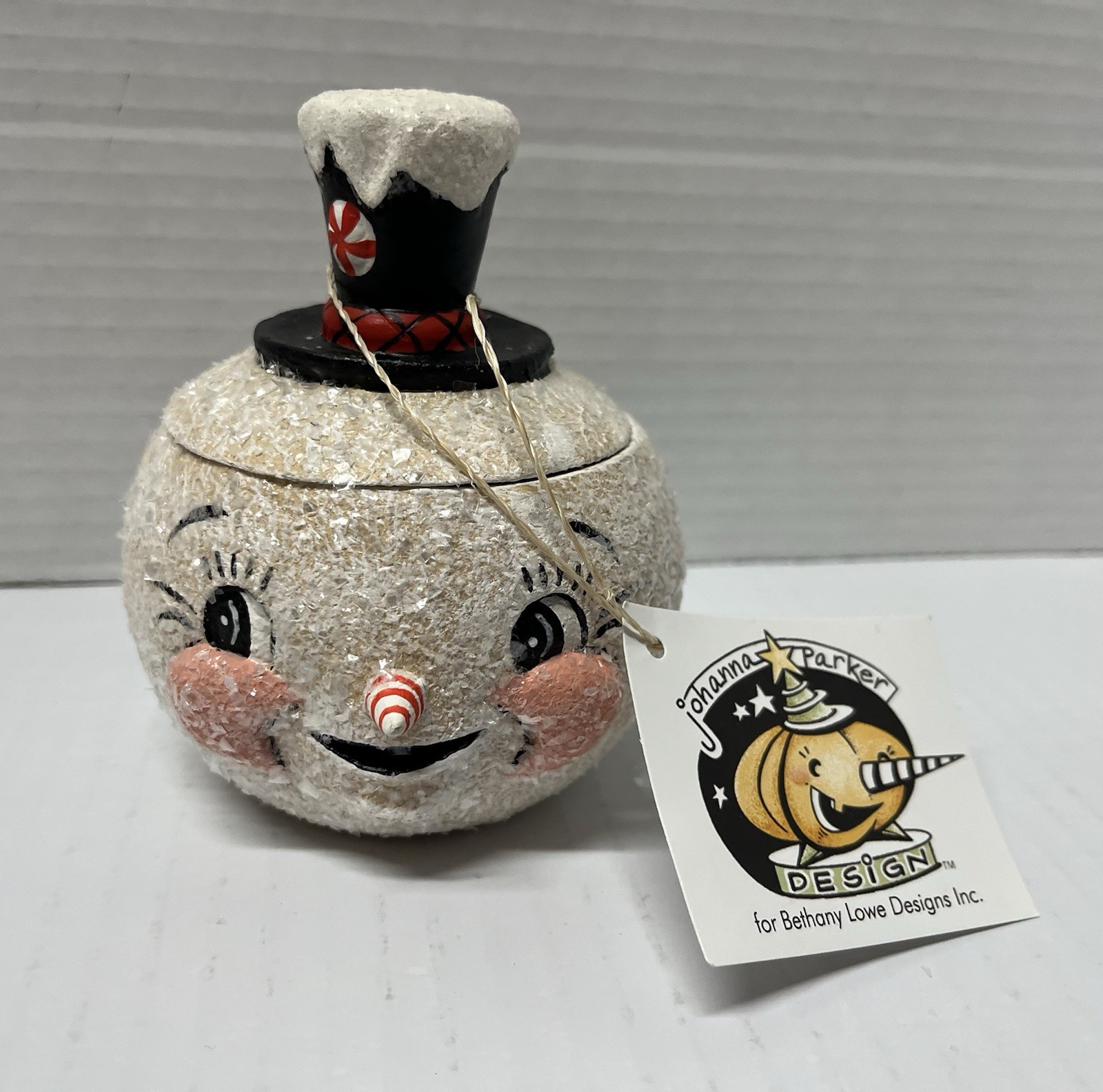 New Johanna Parker Candy Stripe Pete Snowman Flake 4.5” Container Christmas