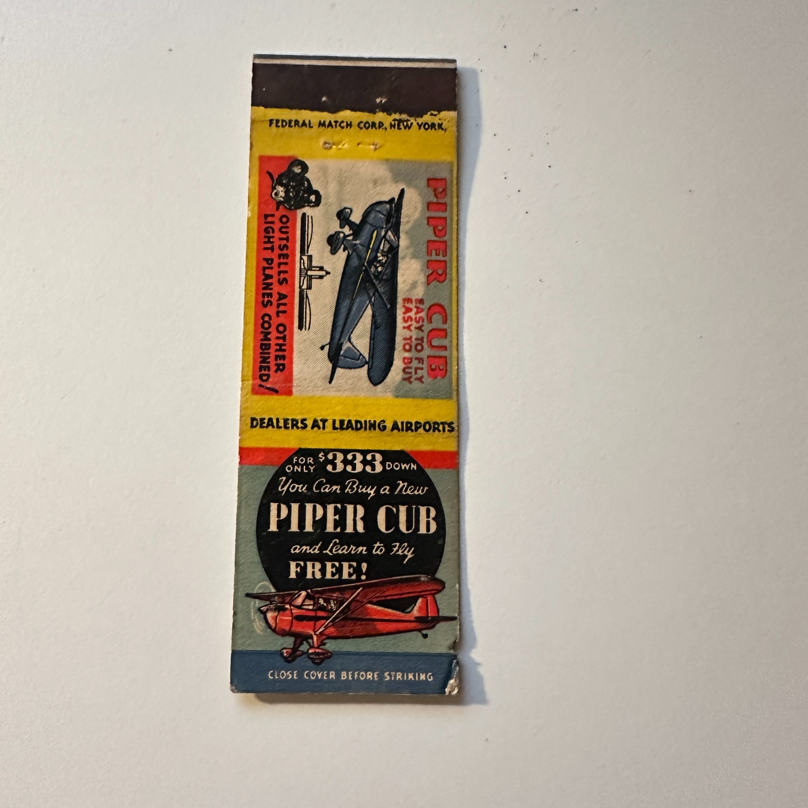 You Can Buy A New Piper Cub & Learn To Fly Free Vintage Matchbook Cover 5MB126-2