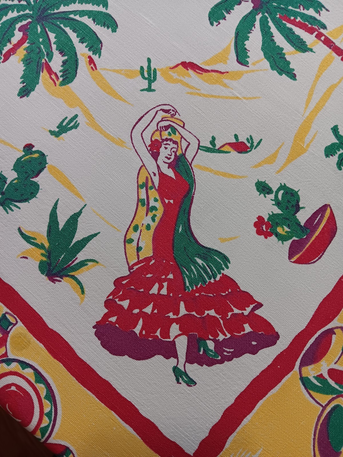 Vintage Mexican Tablecloth, Spanish Dancer, Mariachi Band, Market Vendors Vintage Mexican Tablecloth, Spanish Dancer, Mariachi Band, Market Vendors