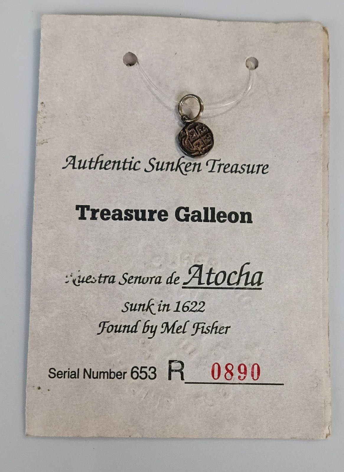Atocha 1622 Silver Bar Coin Pendant Mel Fisher COA Atocha 1622 Silver Bar Coin Pendant Mel Fisher COA