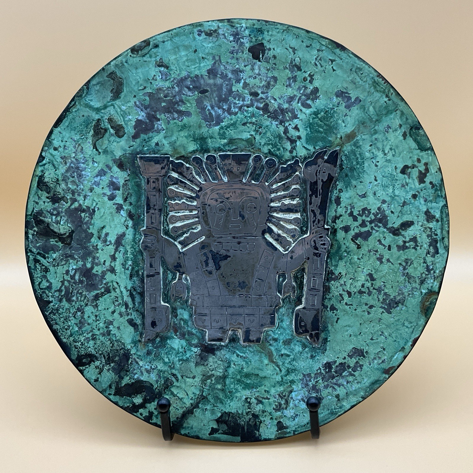 Vintage Peruvian Hammered Copper Plate with Sterling Silver Overlay Inca Deity