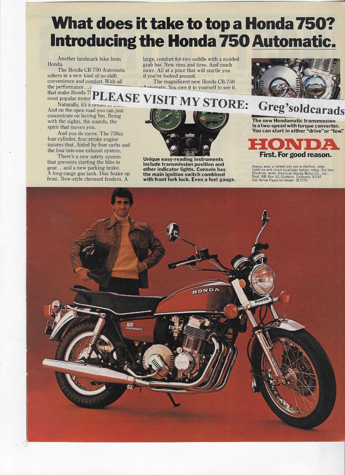 Original 1976  Honda 750 Automatic motorcycle   vintage print ad, advertising
