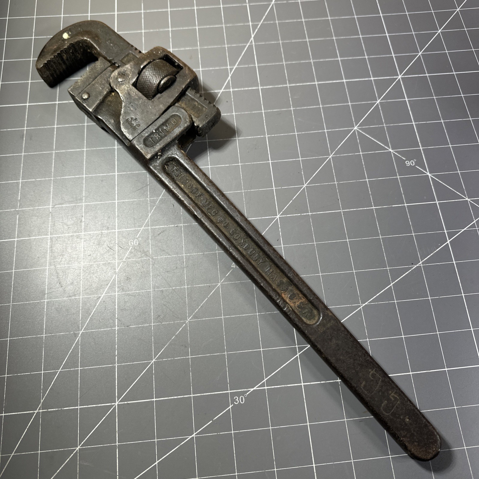 Antique TRIMO 18 Pipe Wrench Trimont Roxbury Mass Pat 1889-90 Vintage