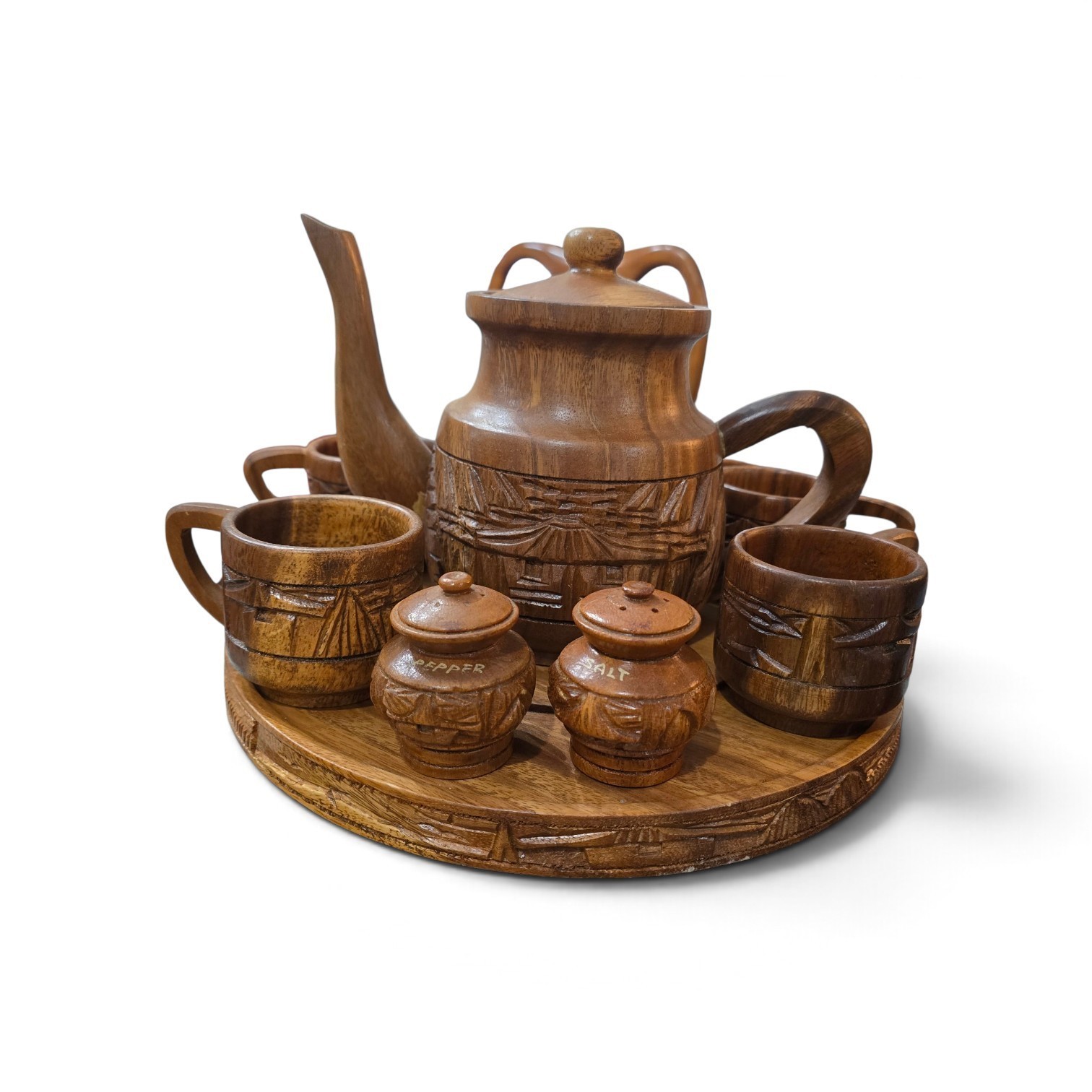 Vintage Wooden Tea Set On Lazy Susan with 6 Cups and Salt & Pepper Shakers MCM