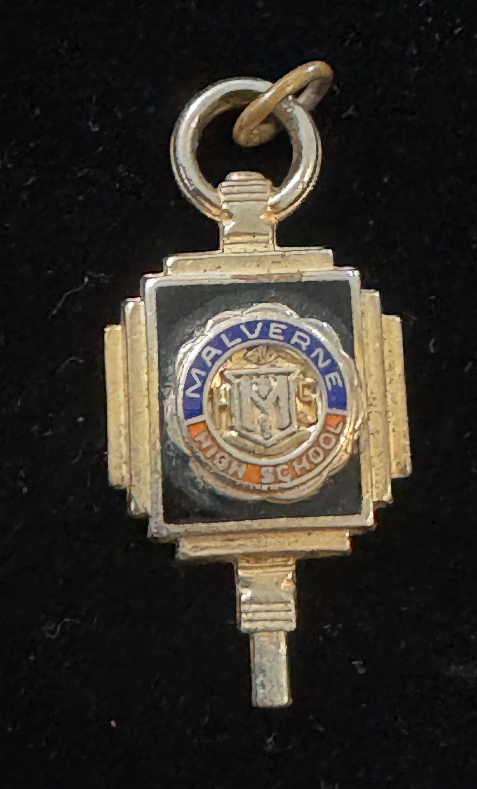 VTG gold-tone enamel senior key class pendant Malverne High School shield MHS VTG gold-tone enamel senior key class pendant Malverne High School shield MHS