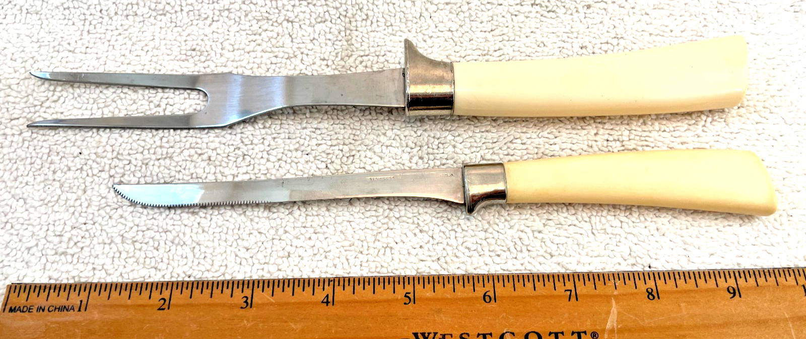 2 VTG French Ivory Celluloid & Stainless Serving Fork Knife Kitchen Utensil USA 2 VTG French Ivory Celluloid & Stainless Serving Fork Knife Kitchen Utensil USA