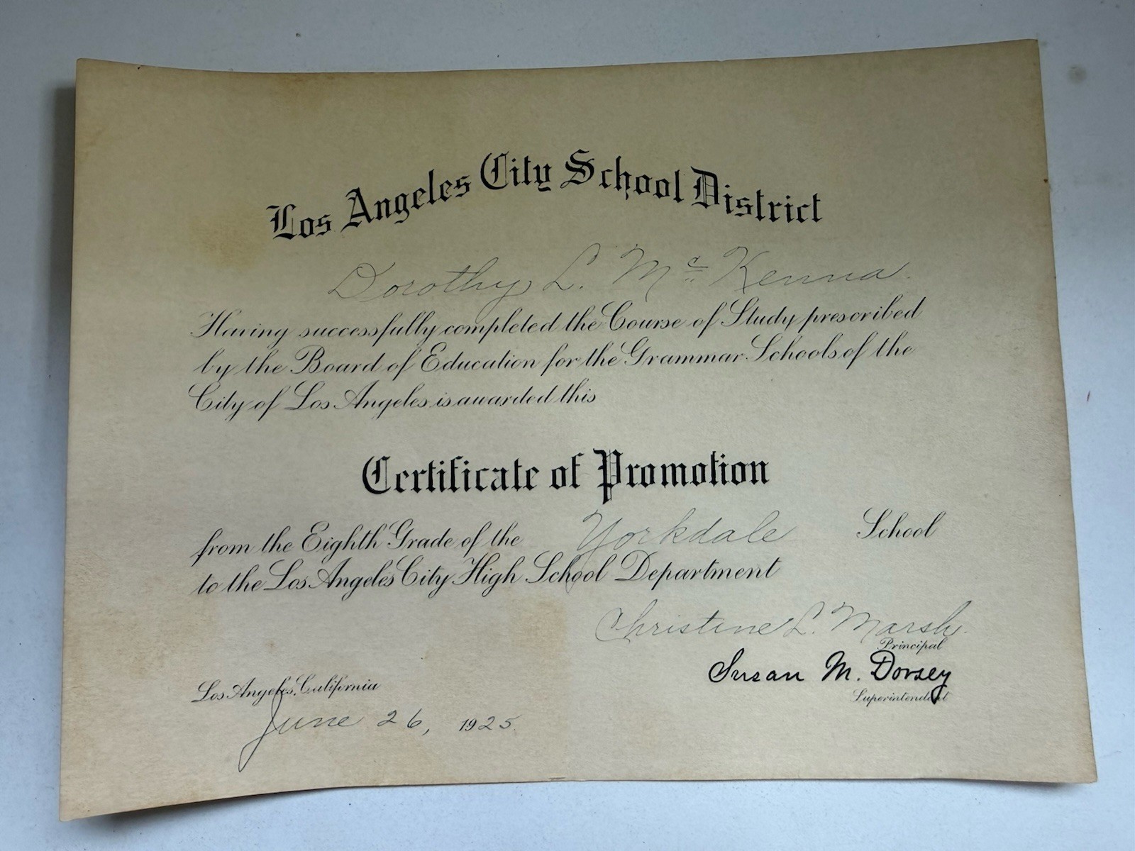 1925 Los Angeles City School District Certificate of Promotion Vintage Ephemera