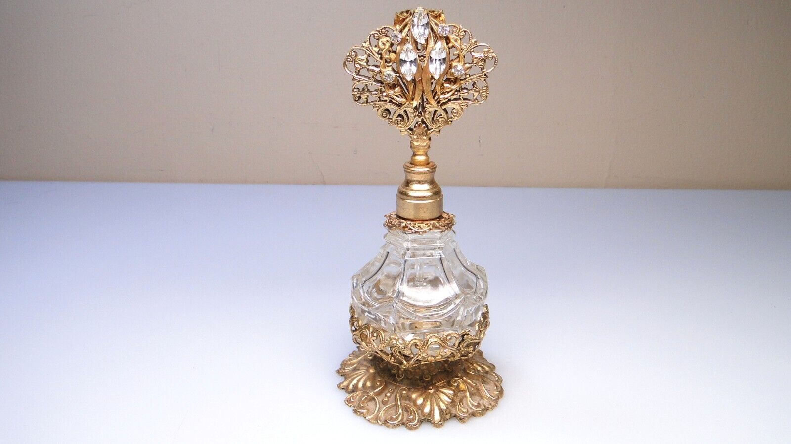 Vintage Ormolu Gilt Perfume Bottle with Jeweled Filigree Stopper