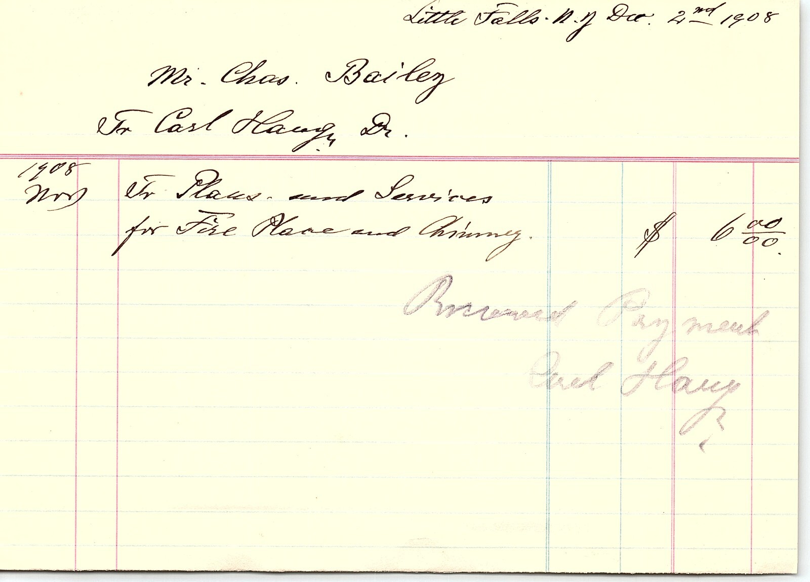 1908 LITTLE FALLS NEW YORK BILLHEAD RECEIPT Z4637 1908 LITTLE FALLS NEW YORK BILLHEAD RECEIPT Z4637