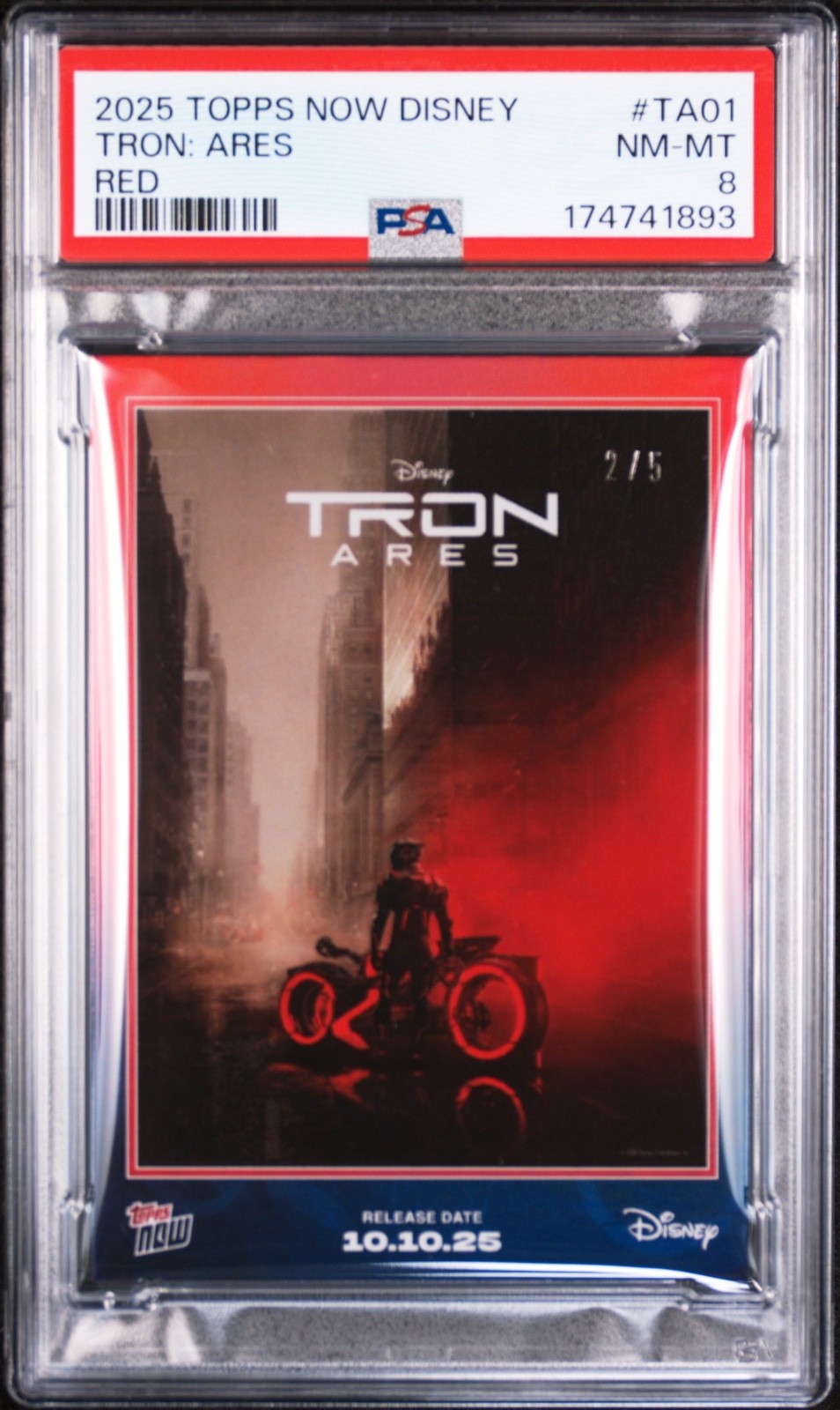 2025 TOPPS NOW DISNEY - TRON ARES #TA01 - RED 2/5 PSA 8 - POP 1 2025 TOPPS NOW DISNEY - TRON ARES #TA01 - RED 2/5 PSA 8 - POP 1
