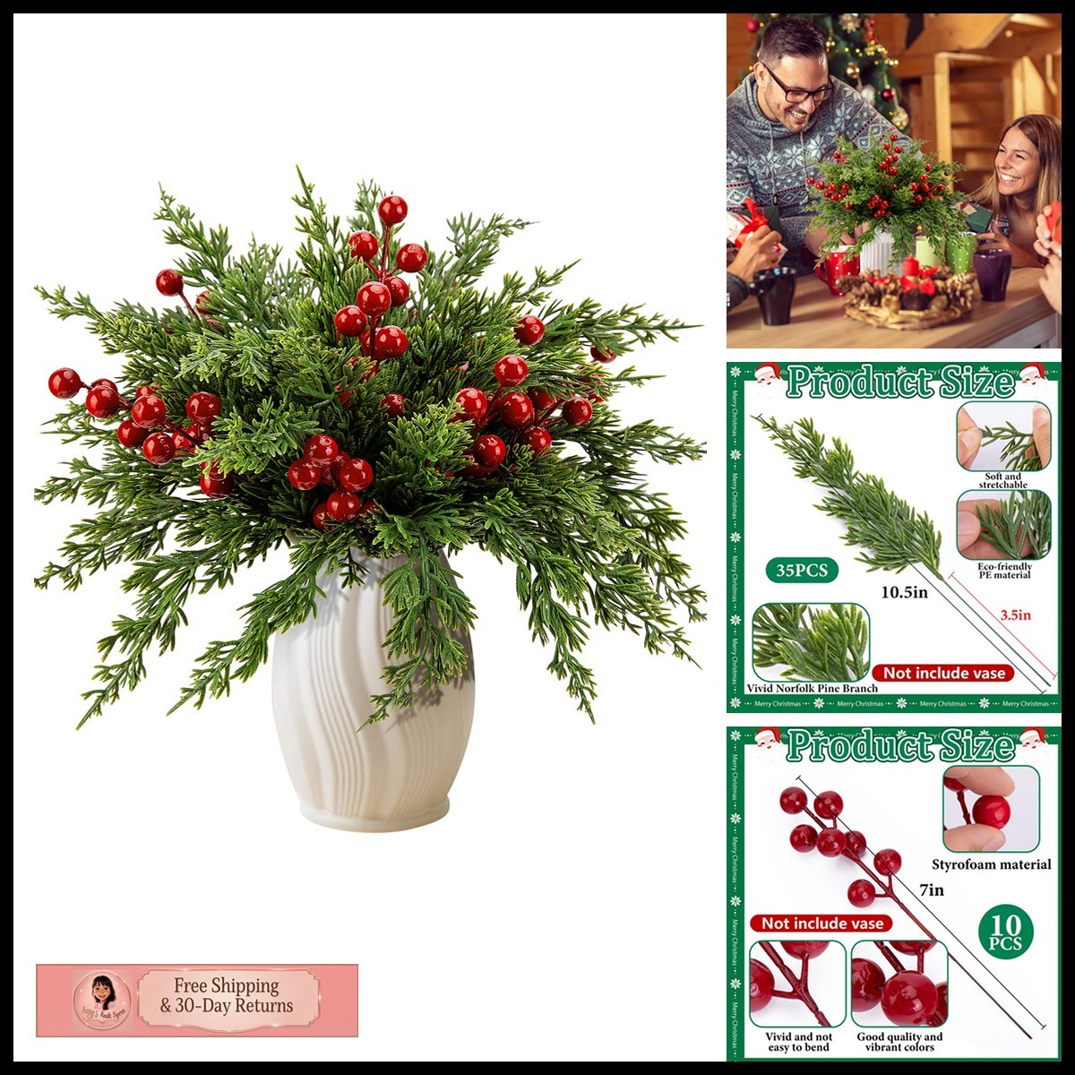 45 Pcs Christmas Artificial Pine Branches Red Berry Stems Faux Sprigs 45 Pcs Christmas Artificial Pine Branches Red Berry Stems Faux Sprigs