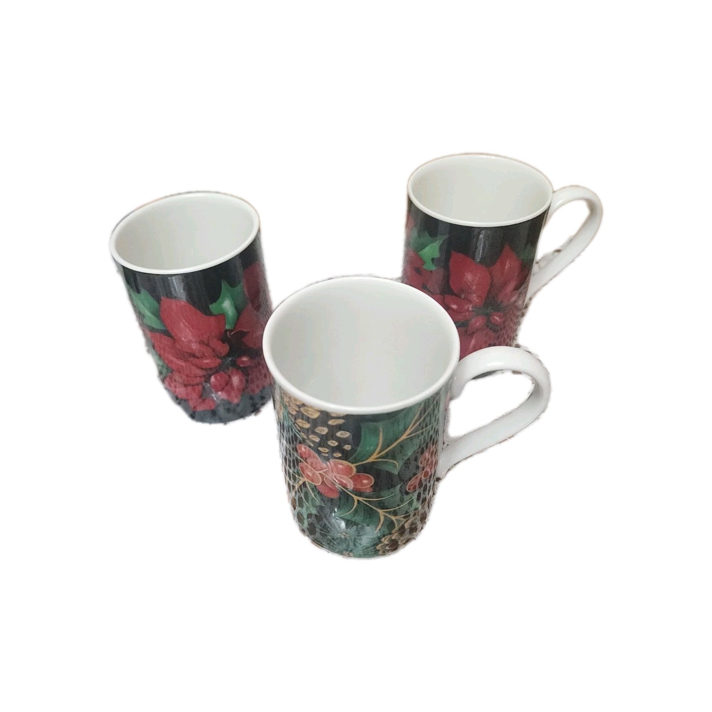 3 DUNOON Caroline Bessey Christmas Coffee Mugs Cups   Poinsettia (2) & Holly (1)
