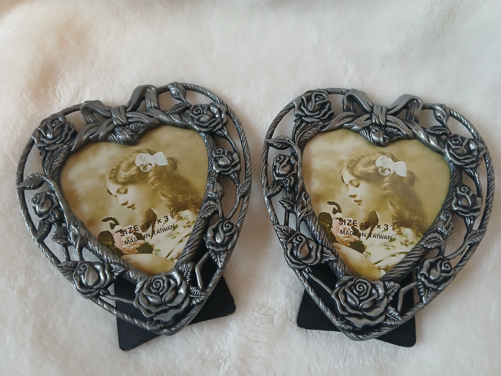 2 Silver Metal Photo Frames Heart Ornate Design 2”x3” VALENTINE’S Roses Vtg.
