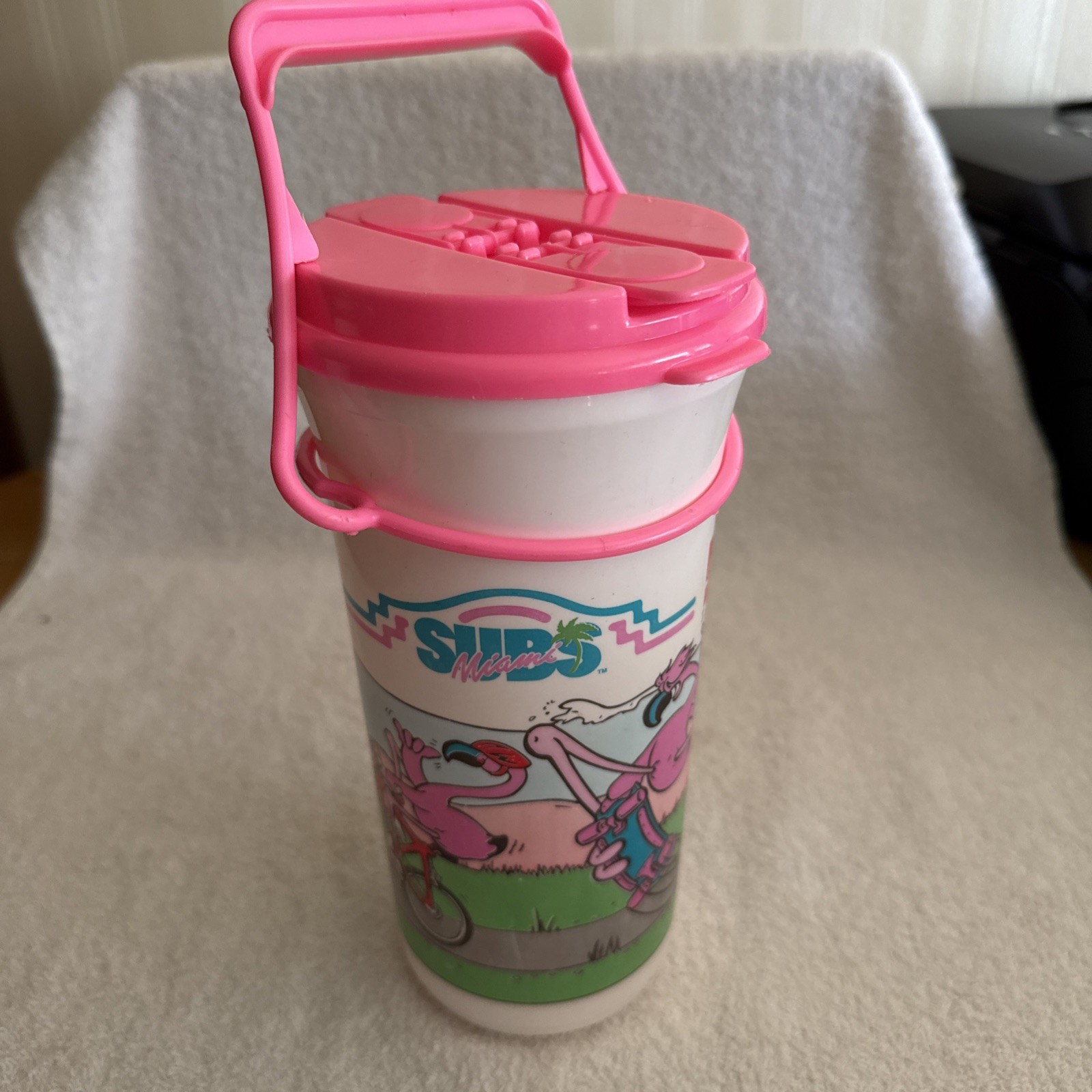 Vintage Miami Subs Flamingo Plastic Cup with Lid and Carry Handle No Straw USA Vintage Miami Subs Flamingo Plastic Cup with Lid and Carry Handle No Straw USA