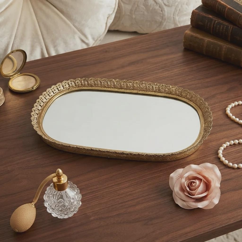 Hollywood Regency Gold Filigree Mirrored Vanity Tray