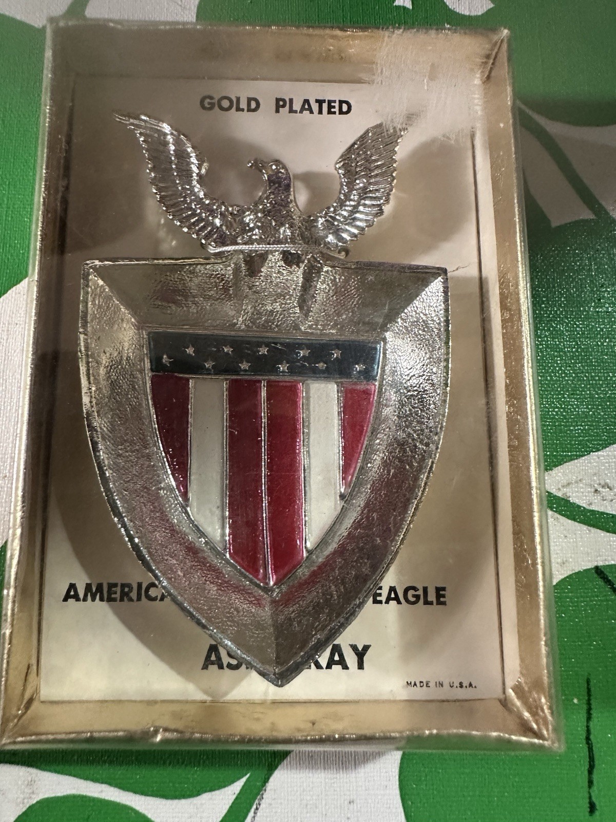 Vintage Gold Plated American Eagle Shield Ashtray USA Patriotic NOS Boxed