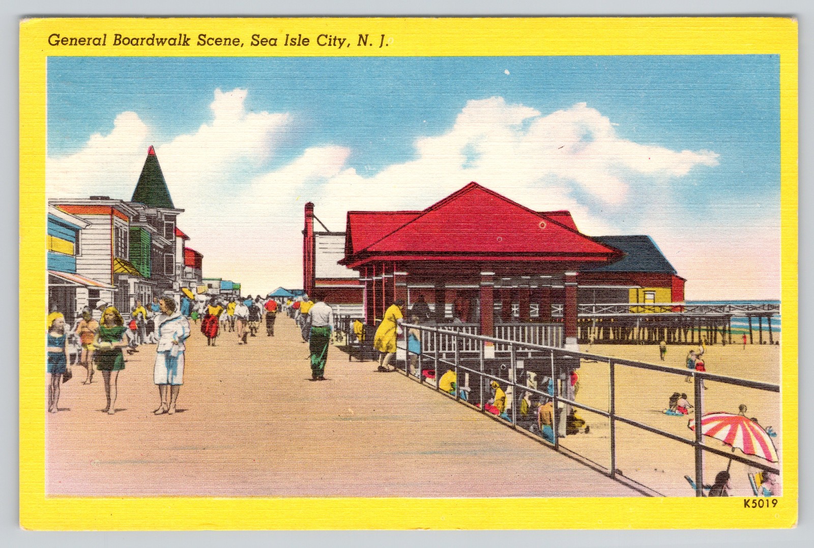 Sea Isle City NJ Postcard General Boardwalk Scene New Jersey 1953 Linen Posted