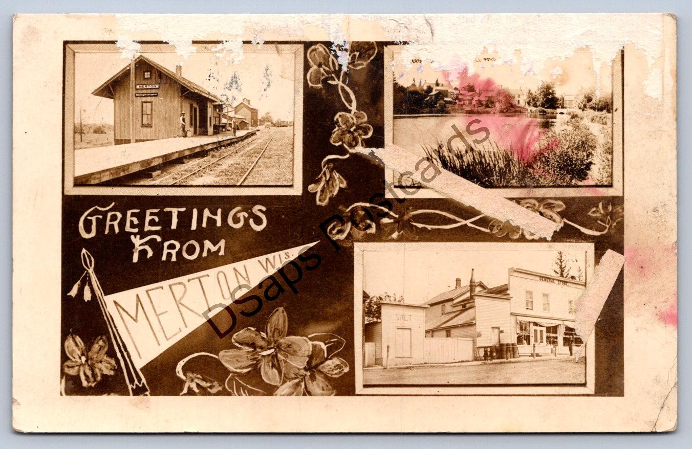K67/ Merton Wisconsin RPPC Postcard c1910 3View Railroad Depot Store 307