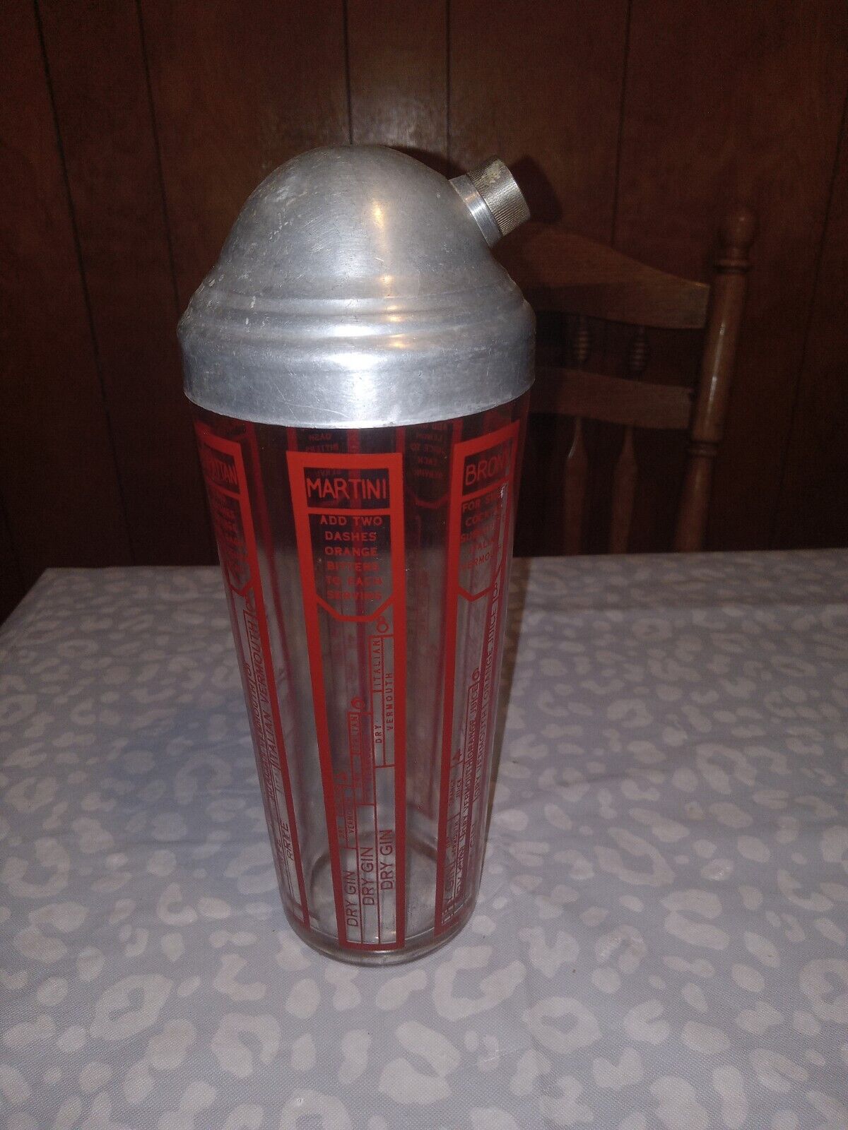Vintage Mid Century Cocktail Recipe Glass Shaker With Recipe Vertical Red Enamel