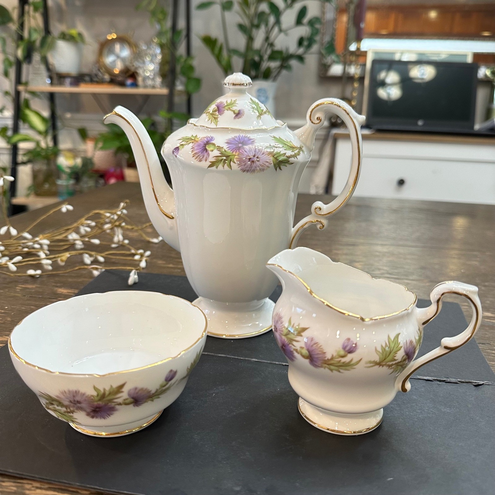 Vintage Paragon Bone China Tall Teapot  Sugar Bowl Creamer in Highland Queen